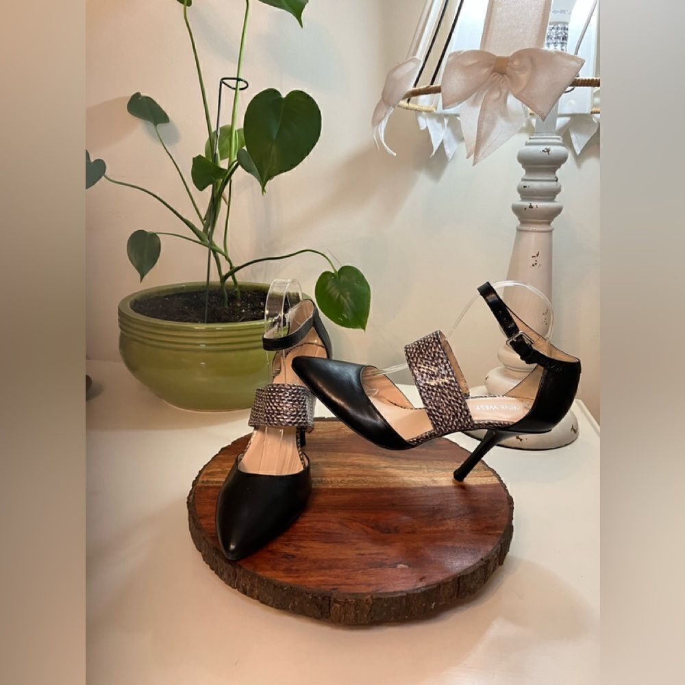 NINE WEST 9 BRYTANI Leather Black Mob Wife Animal Print Dress Pump Heels